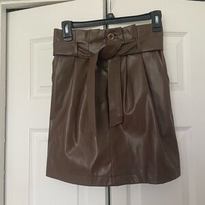 Kendall & Kylie Chocolate Brown Faux Leather Paperbag Mini Skirt with Tie
